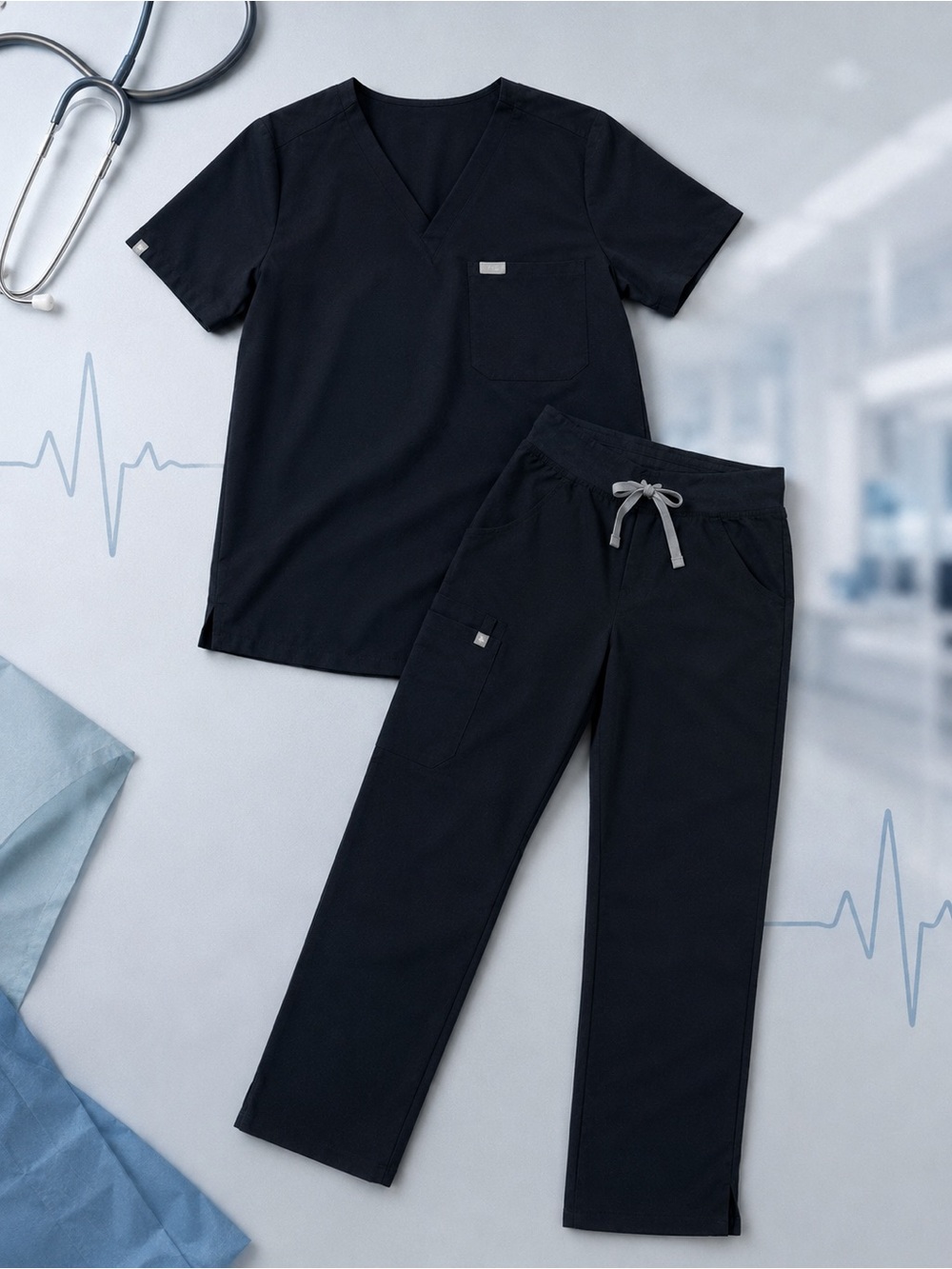 Figs Black Technical Medical Casma Scrub top Kade cargo bottoms